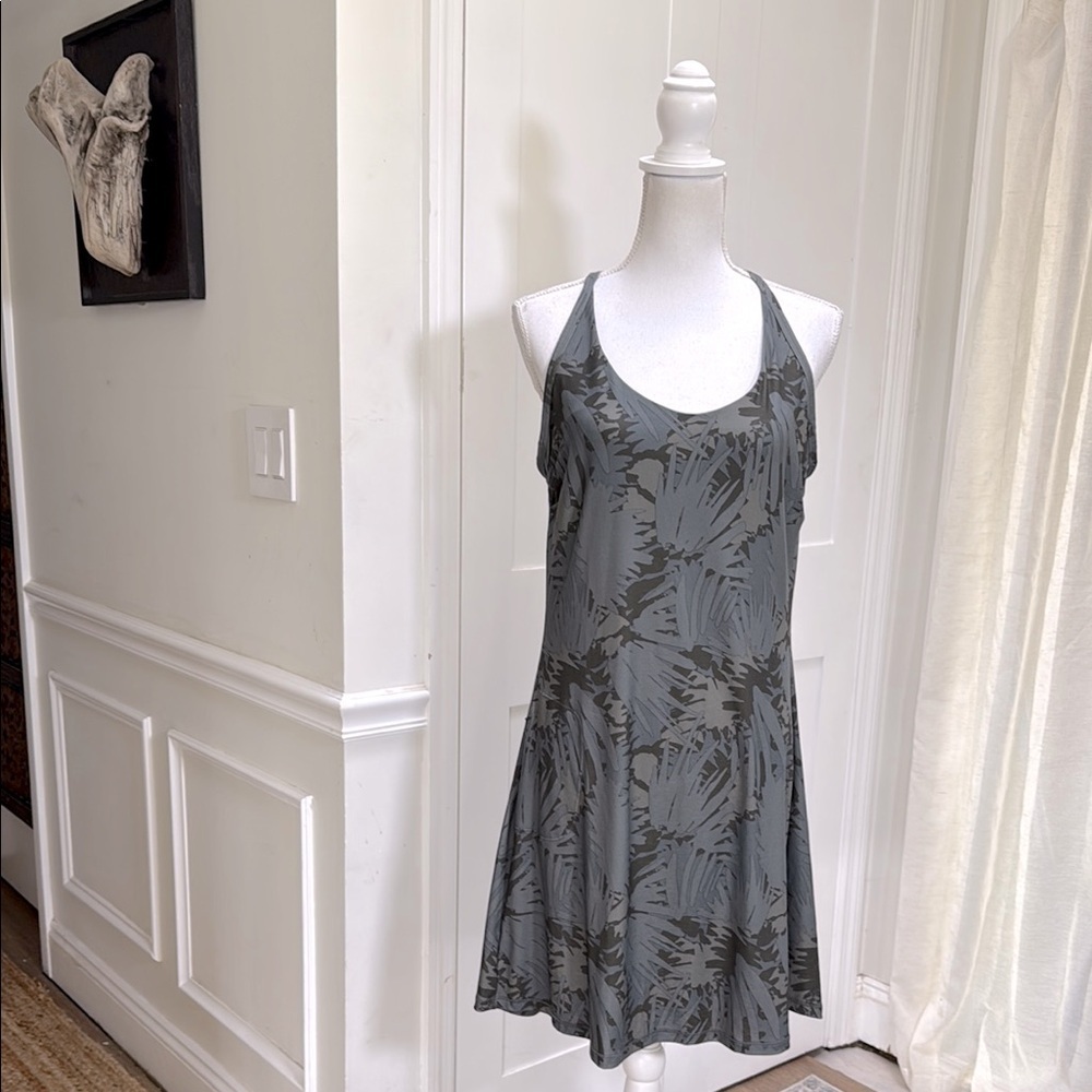 Prana Womens L Olive Green Racerback Active Dress Patterned A Line Hiking Gym
